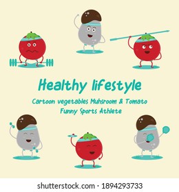 Healthy Lifestyle Cartoon Vegetables Tomato and Muhsroom Funny Sports Athlete