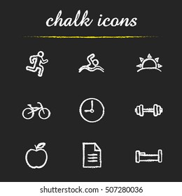 Healthy lifestyle chalk icons set. Daily timetable. Runner, swimmer, sunrise, bike, clock, gym barbell, apple, file, bed. Isolated vector chalkboard illustrations