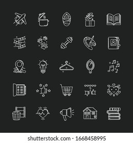 Healthy lifestyle chalk white icons set on black background. Travel and tourism. Cooking recipe. Open gift. Infant baby. Love life. Creative hobby. Isolated vector chalkboard illustrationss