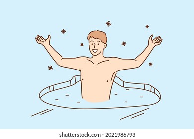 Healthy lifestyle challenge, sport activity concept. Smiling young man swimming in ice hole during winter taking part in Orthodox Church Holy Epiphany Day vector illustration 