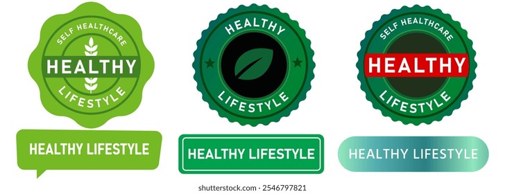 Healthy lifestyle choice selfcare health way clean eating food gym workout exercise positive living stamp green badges emblem sticker label banner design icon set collection