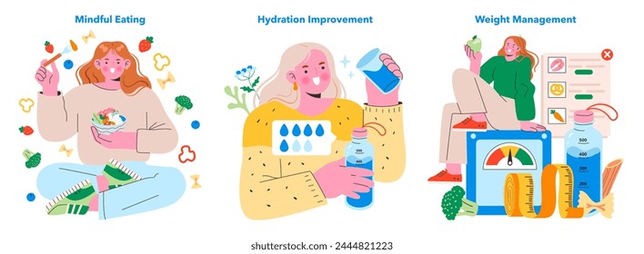 Healthy Lifestyle Choices set. Engaging visuals on mindful eating, improving hydration, and managing weight with a balanced diet. Vector illustration