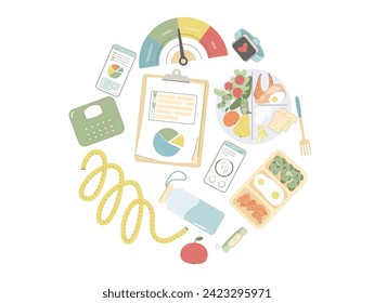 Healthy lifestyle circle composition. Sport and diet plan food body mass index elements. Weight loss control round emblem. Vector flat illustration isolated on white background.