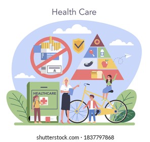 Healthy lifestyle class. Idea of life safety and health care education. Basic life safety, traffic laws, sport, hygiene. Isolated vector illustration