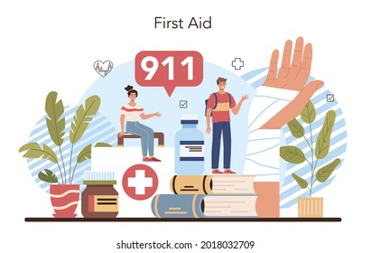 Healthy lifestyle class. Idea of life safety and health care education. Basic life safety and first aid. Isolated vector illustration