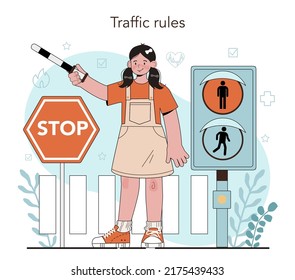 Healthy lifestyle class. Idea of life safety and health care education. Basic life safety, traffic rules, first aid, virus prevention. Flat vector illustration