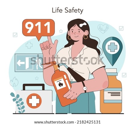 Healthy lifestyle class. Idea of life safety and health care education. Basic life safety, traffic rules, first aid, virus prevention. Flat vector illustration