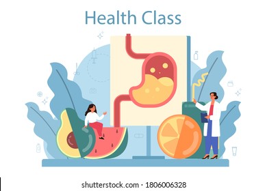 Healthy lifestyle class. Idea of medicine and healthcare education. Diet, sport, hygiene. Isolated vector illustration