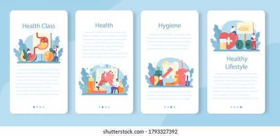 Healthy lifestyle class mobile application banner set. Idea of medicine and healthcare education. Diet, sport, hygiene. Isolated vector illustration