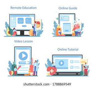 Healthy lifestyle class online service or platform set. Idea of medicine and healthcare education. Diet, sport, hygiene. Online education, tutorial, guide, video lesson. Isolated vector illustration