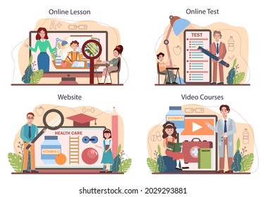 Healthy lifestyle class online service or platform set. Idea of life safety and health care education. Diet, sport and first aid. Online lesson, test, video course, website. Flat vector illustration