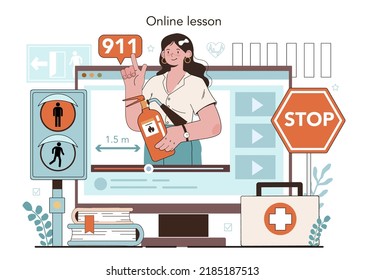 Healthy lifestyle class online service or platform. Life safety and health care education. Traffic rules, first aid, virus prevention. Online lesson. Flat vector illustration
