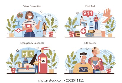 Healthy lifestyle class set. Idea of life safety and health care education. Basic life safety, first aid, virus prevention. Isolated vector illustration