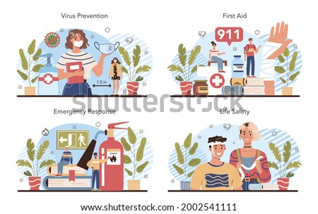 Healthy lifestyle class set. Idea of life safety and health care education. Basic life safety, first aid, virus prevention. Isolated vector illustration