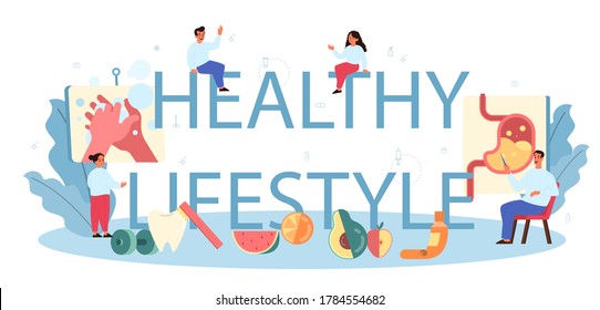 Healthy lifestyle class typographic header. Idea of medicine and healthcare education. Diet, sport, hygiene. Isolated vector illustration