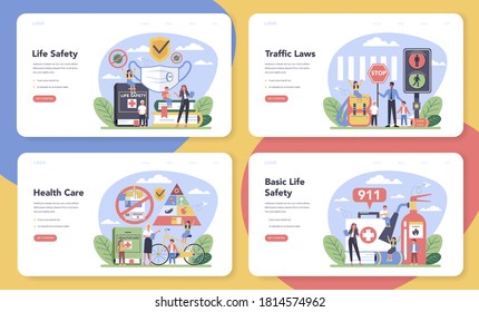 Healthy lifestyle class web banner or landing page set. Idea of life safety and health care education. Basic life safety, traffic laws, sport, hygiene. Isolated vector illustration