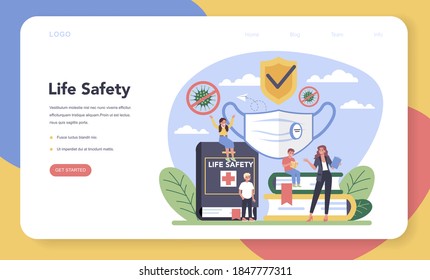 Healthy lifestyle class web banner or landing page. Idea of life safety and health care education. Basic life safety, traffic laws, sport, hygiene. Isolated vector illustration