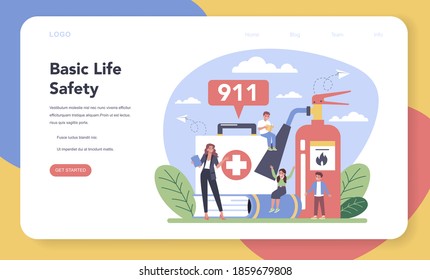 Healthy Lifestyle Class Web Banner Or Landing Page. Idea Of Life Safety And Health Care Education. Basic Life Safety, Traffic Laws, Sport, Hygiene. Isolated Vector Illustration