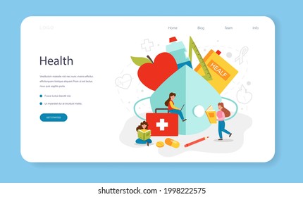 Healthy lifestyle class web banner or landing page. Idea of life safety and health care education. Basic life safety, traffic laws, sport, hygiene. Isolated vector illustration