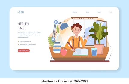 Healthy lifestyle class web banner or landing page. Idea of life safety and health care education. Diet, physical activity, hygiene and first aid. Isolated vector illustration