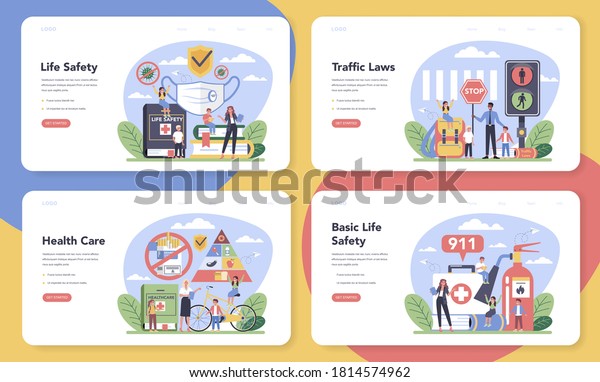 Healthy lifestyle\
class web banner or landing page set. Idea of life safety and\
health care education. Basic life safety, traffic laws, sport,\
hygiene. Isolated vector\
illustration