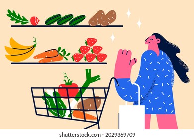 Healthy lifestyle and clean eating concept. Young smiling female standing in grocery store choosing fresh ingredients for healthy eating vector illustration 