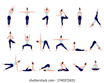 Healthy lifestyle. Collection of female cartoon characters demonstrating various yoga positions. Woman figures exercise in blue sportswear and black yoga pants