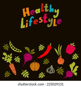 Healthy lifestyle colorful background with icon vegetables, silhouettes leaf 