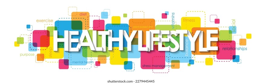 HEALTHY LIFESTYLE colorful vector banner with related keywords