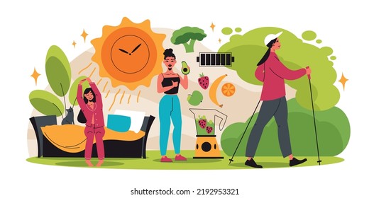 Healthy lifestyle composition with walk and activity symbols flat vector illustration