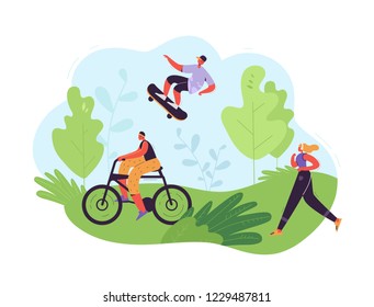 Healthy Lifestyle Concept. Active People Exercising in Park. Woman Running, Girl Riding Bicycle, Man Skateboarding. Outdoor Activities. Vector illustration