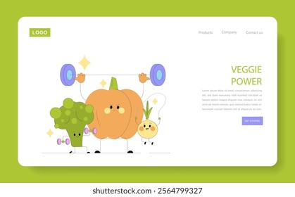 Healthy Lifestyle concept. Animated vegetables engaging in fitness activities with facial expressions. Broccoli lifting weights, enthusiastic pumpkin doing barbell exercises. Vector illustration.