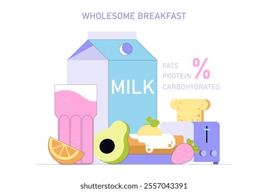 Healthy Lifestyle concept. Balanced nutrition showcased by a wholesome breakfast foods and milk, with macronutrient percentages. Vector illustration.