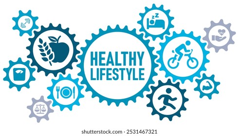 Healthy lifestyle concept banner website web icons vector illustration with an icons of healthcare, nutrition, eating diet, sports, exercise, sleeping, balance, weight, on white background editable