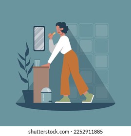 Healthy lifestyle concept. Character brushing her teeth with a toothbrush. Dental care, daily hygiene routine. Self-care schedule. Flat vector illustration