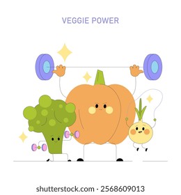 Healthy Lifestyle concept. Cheerful vegetables lifting weights, showcasing strength and fitness. Broccoli, pumpkin, and onion embodying vitality. Vector illustration.