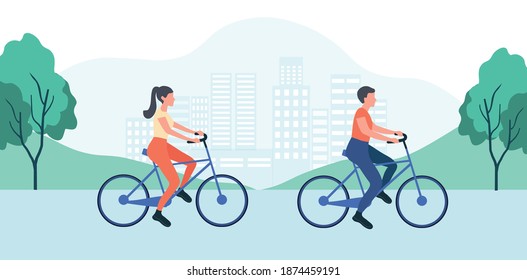 Healthy lifestyle concept, couple man and woman riding bicycle in park. Exercise activity outdoor concept vector illustration