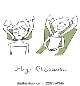 Healthy lifestyle concept with cute woman with closed eyes enjoying face and shoulder massage from masseuse in spa salon. Rejuvenating and indulging yourself with massage. Doodle style vector.