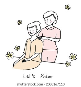 Healthy lifestyle concept with cute woman with closed eyes enjoying back and shoulder massage from masseuse in spa salon. Massage therapist giving shoulder massage to young woman. 