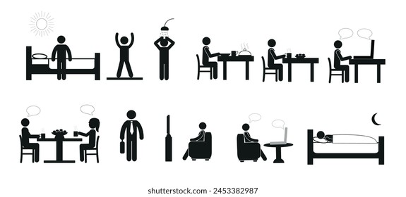 Healthy lifestyle. The concept of the daily routine. Daily chores, routine. Stick to your daily routine. Drawings, pictograms, icons highlighted on a white background. Flat vector illustration