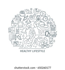 Healthy lifestyle concept. Design template with thin line icons on theme fitness, nutrition and dieting. running man and woman. Vector illustration