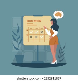 Healthy lifestyle concept. Educational and personal growth or development. Character's professional progress. Self-care schedule. Flat vector illustration