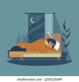Healthy lifestyle concept. Female character sleeping at night. Woman sleep in bed under duvet. Girl bedroom home interior. Self-care schedule. Flat vector illustration