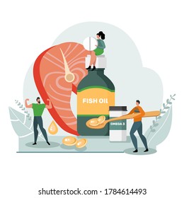 Healthy lifestyle concept. Fish oil food supplement. Image of people and medical supplies. Flat design. Vector stock illustration. Isolated on white background.