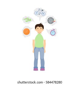 Healthy lifestyle concept. Fit and slim man with icons showing his healthy habbits as sport.