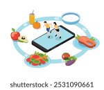 Healthy Lifestyle Concept with Fitness App and Balanced Diet Foods 3d isometric vector illustration