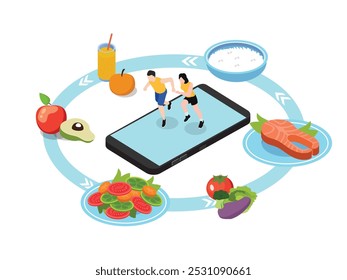 Concepto de estilo de vida saludable con App de fitness y alimentos de dieta equilibrada Ilustración vectorial isométrica 3d