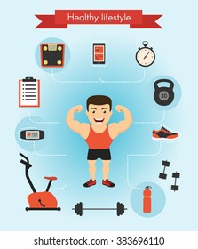 Healthy lifestyle concept. Fitness and sport vector illustration with athletic man and sports tools and equipment icons in flat style