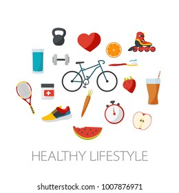 Healthy lifestyle concept in flat design. Sports and food design.