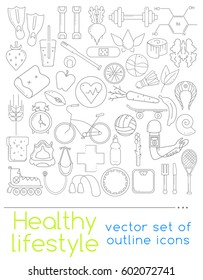 Healthy lifestyle concept in flat design. Vector outline icons for your web design. Icons of healthy food and sport.